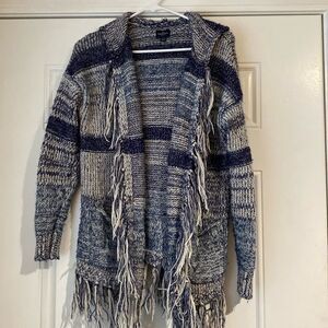 American Eagle Shades of Blue Fringe Knit Hooded Open Sweater Shrug Size L/XL